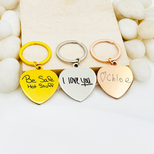 Handwriting Engraved Heart Keychain • Personalized Stainless Steel Gift
