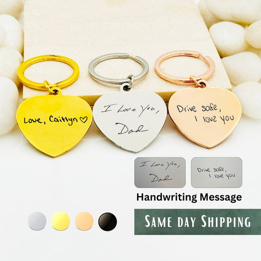 Handwriting Engraved Heart Keychain • Personalized Stainless Steel Gift