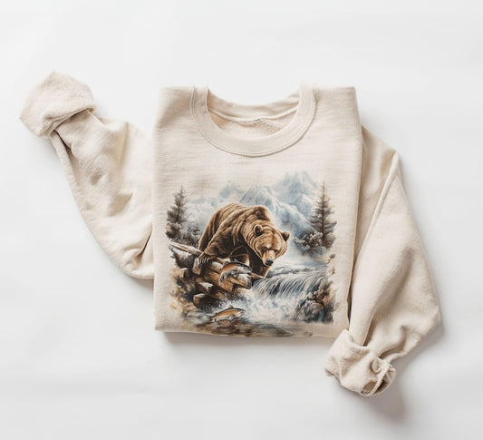 Retro Grizzly Bear Fishing In Creek Sweatshirt - 90s Vintage Brown Bear Alaska Trout Fish Outfit - Boho Unisex Crewneck Sweatshirt