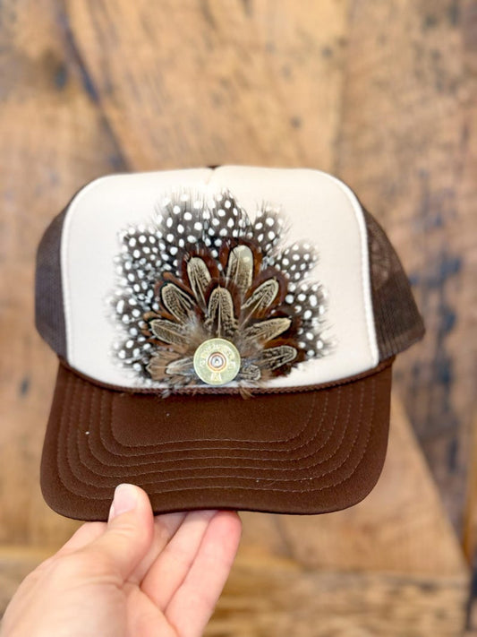 Feather Trucker Hat With ShotGun Shell Accent and  Almond Ringneck Natural Featers - Custom Colors