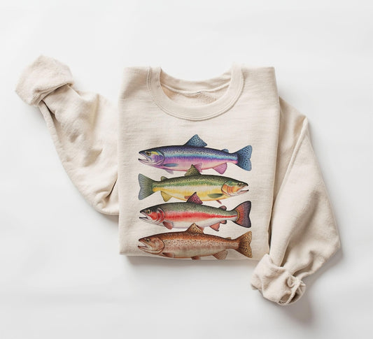 Abstract Colorful Trout In A Row Sweatshirt - River Fish Trout Species Outfit - Fly Fishing Gift -  Boho Unisex Crewneck Sweatshirt