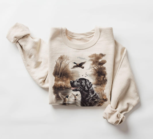 Retro Black Lab Mallard Ducks Sweatshirt - Nineties 90s Vintage Labrador Retriever Hunting Duck Outfit - Boho Unisex Crewneck Sweatshirt