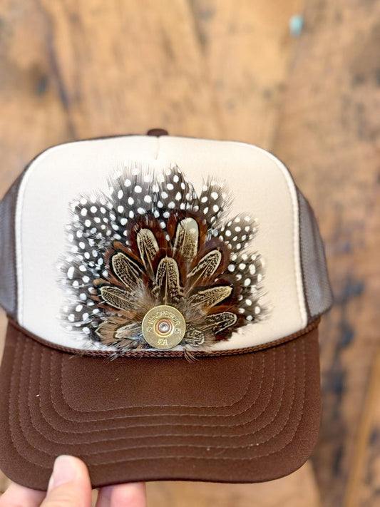 Feather Trucker Hat With ShotGun Shell Accent and  Almond Ringneck Natural Featers - Custom Colors