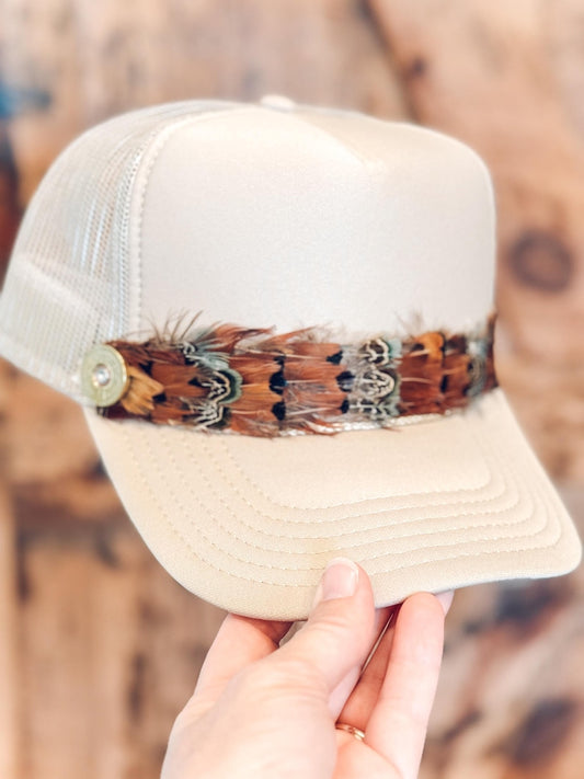 Trucker Hat With 12 Gauge Shell Accent and Natural Feathers - Custom Colors