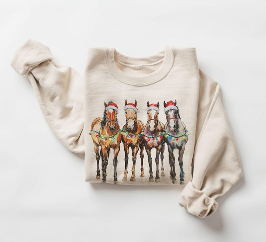 Retro Santa Hat Horses Christmas Sweatshirt - 90s Christmas Lights Equestrian Outfit - Horse Lover Sweater - Boho Unisex Crewneck Sweatshirt