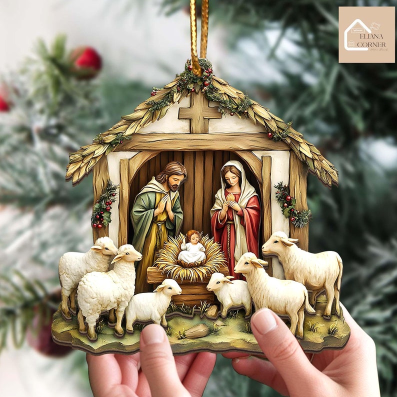 Nativity Scene Wooden 2-layer Ornament, Christian Ornament, Nativity Jesus Christ Decoration, Religious Christmas Home Decor