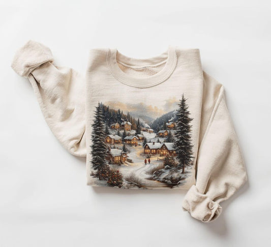 Retro Christmas Winter Village Sweatshirt - Nineties 90s Mountain Pine Trees Decorated Cabins Outfit - Boho Unisex Crewneck Sweatshirt