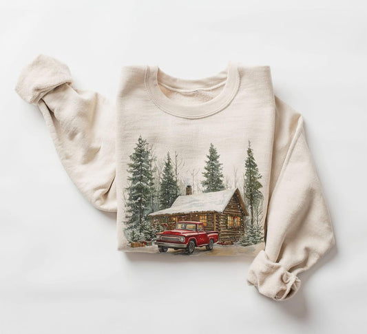 Retro Christmas Red Pickup Truck Winter Cabin Sweatshirt - 90s Mountain Pine Trees Snowy Day Outfit - Boho Unisex Crewneck Sweatshirt