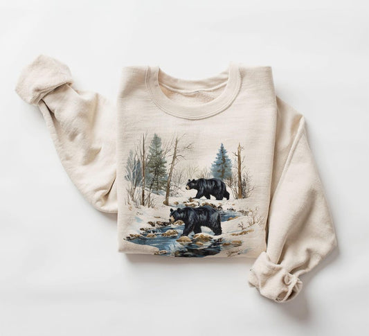 Retro Black Bears Winter Creek Scene Sweatshirt - Nineties 90s Vintage Sow & Boar Bears Camping Outfit - Boho Unisex Crewneck Sweatshirt