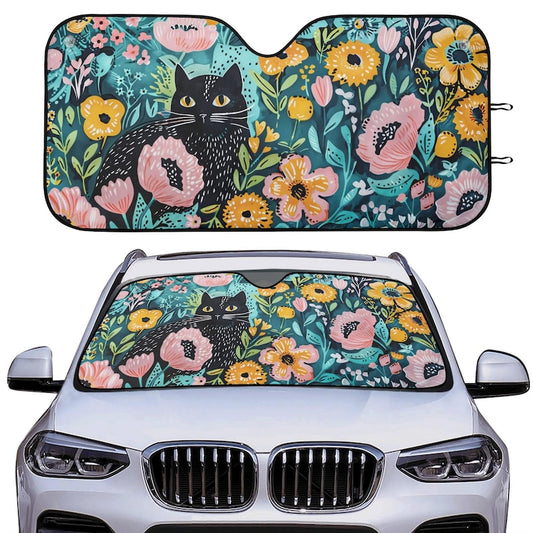 Black Cat Floral Car Sunshade, Cottagecore Car Decor, Windshield Cover, Gift For Cat Mom, Cat Flower Lover, Front Window Cover, Car Gift