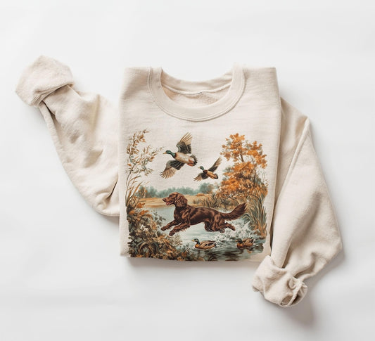 Retro Boykin Spaniel Retrieving Mallard Ducks Sweatshirt - 90s Vintage Cute Dog Breed Hunting Outfit - Boho Unisex Crewneck Sweatshirt