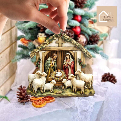 Nativity Scene Wooden 2-layer Ornament, Christian Ornament, Nativity Jesus Christ Decoration, Religious Christmas Home Decor