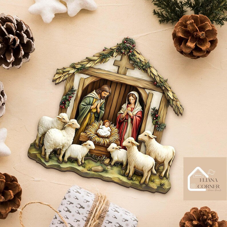 Nativity Scene Wooden 2-layer Ornament, Christian Ornament, Nativity Jesus Christ Decoration, Religious Christmas Home Decor