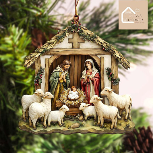 Nativity Scene Wooden 2-layer Ornament, Christian Ornament, Nativity Jesus Christ Decoration, Religious Christmas Home Decor