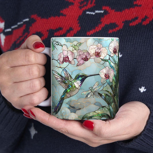 Stained Glass Orchid Hummingbird Coffee Mug - Floral Art