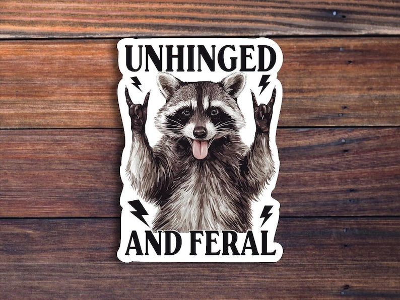 Unhinged And Feral Sticker, Funny Raccoon Sticker, Rock’n Feral Possum Decal, Vintage Feral Mom Sticker, Funny Sarcastic Quote Sticker