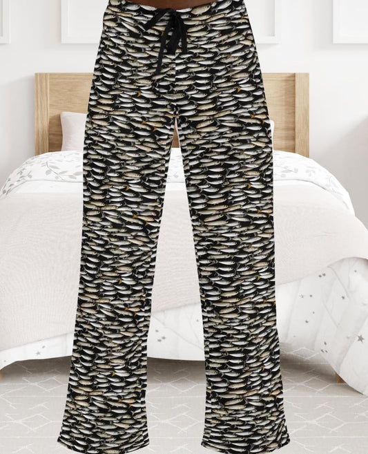 Sardine Print Pajama Pants – Men's Polyester Loungewear, Fisherman Gift