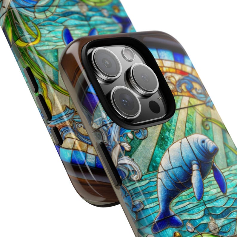 Stained Glass Manatee iPhone Cover, Ocean Lover Case, Fishing Aesthetics, Beach Lover Gift, Tough Cases for iPhone 16 Pro, boho phone case