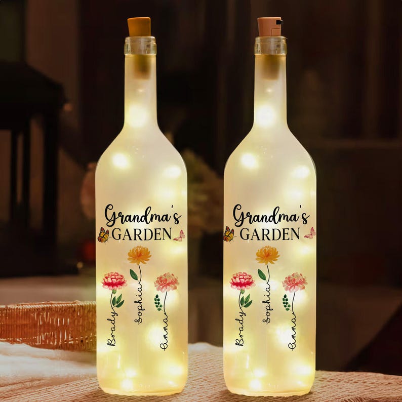 Personalized Grandma's Garden Bottle Light, Mothers Day Gifts, Grandma Birthday Gifts, Gifts For Grandma, Custom Birth Month Flowers Lamp