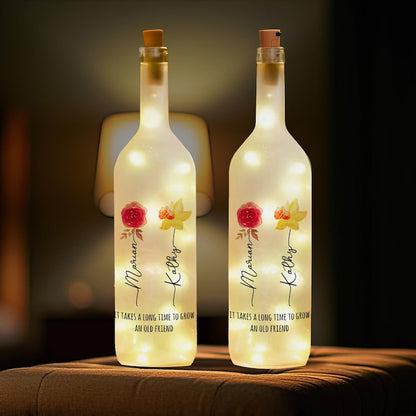 Best Friends Lighted Wine Bottle Lamp, Gift For Bestie, Sisters, Friendship, Bff Gifts, Custom Birth Month Flowers Night Light