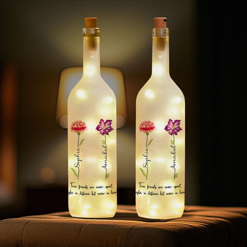 Best Friend Gifts, Personalized Friends Bottle Lamp, Birthday Gifts For Friend, Friendship Gifts For Women, Custom Birth Month Flowers Lamp