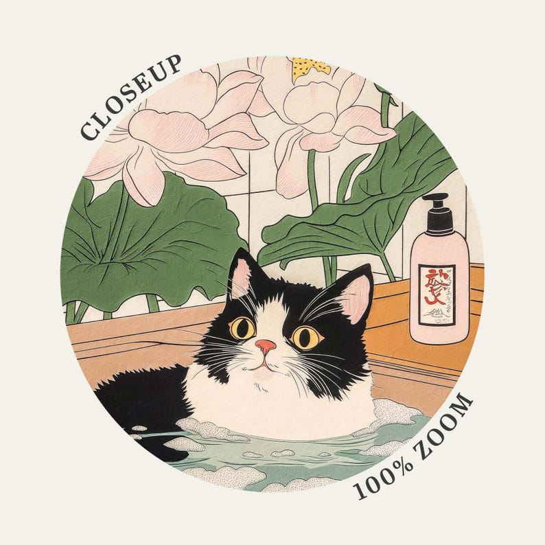 Cute Tuxedo cat in bathtub Japanese bathroom decor, Japan art print, Aesthetic wall art, Lotus Flowers poster, Unique Cat Lover Gift PS0712