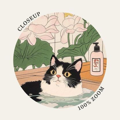 Cute Tuxedo cat in bathtub Japanese bathroom decor, Japan art print, Aesthetic wall art, Lotus Flowers poster, Unique Cat Lover Gift PS0712