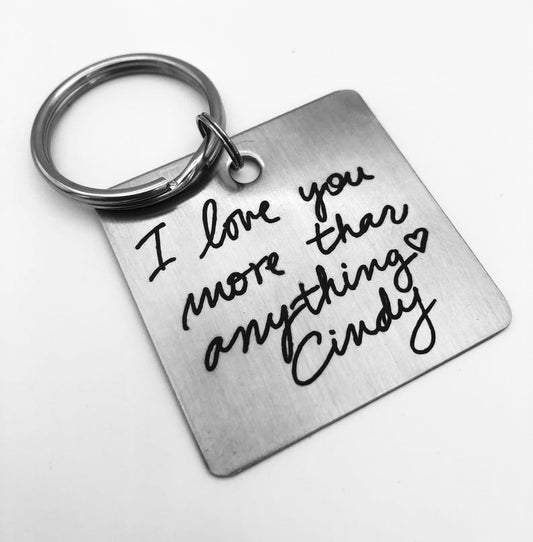 Handwritten Keychain - Your Design - Handwriting & Font Options - Personalized Text, Square Stainless Steel, Engraved Meaningful gifts