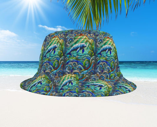 Boho Manatee Bucket Hat, Coastal Vibes Vacation Beach Sun Hat, Stain Glass Style Gift for Marine Lover, Fun Tropical Hat, Manatee lover hat