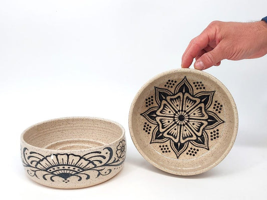 Tattooed Ceramic Dog Bowl, Wheel Thrown Slow Feeder, Emma Harrison Collaboration