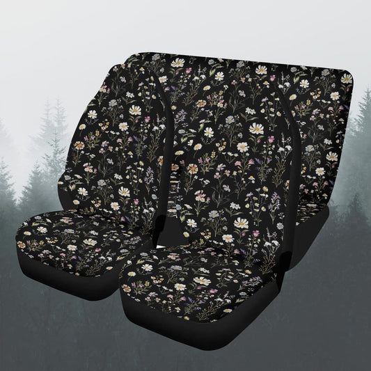 Dark Forest Flowers Car Seat Cover Full Set, Cottagecore Floral Front And Back Seat Covers For Vehicle, Steering Wheel Cover, Car Decor Gift