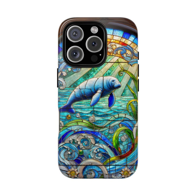 Stained Glass Manatee iPhone Cover, Ocean Lover Case, Fishing Aesthetics, Beach Lover Gift, Tough Cases for iPhone 16 Pro, boho phone case