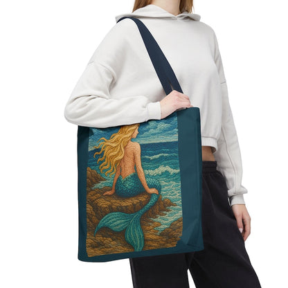 Boho Mermaid Embroidery Tote Bag, Beach Vacation Bag, Quilted Mermaid Core Print, Beach Bag for Mermaid Lovers, Vacation Gift, mermaidcore