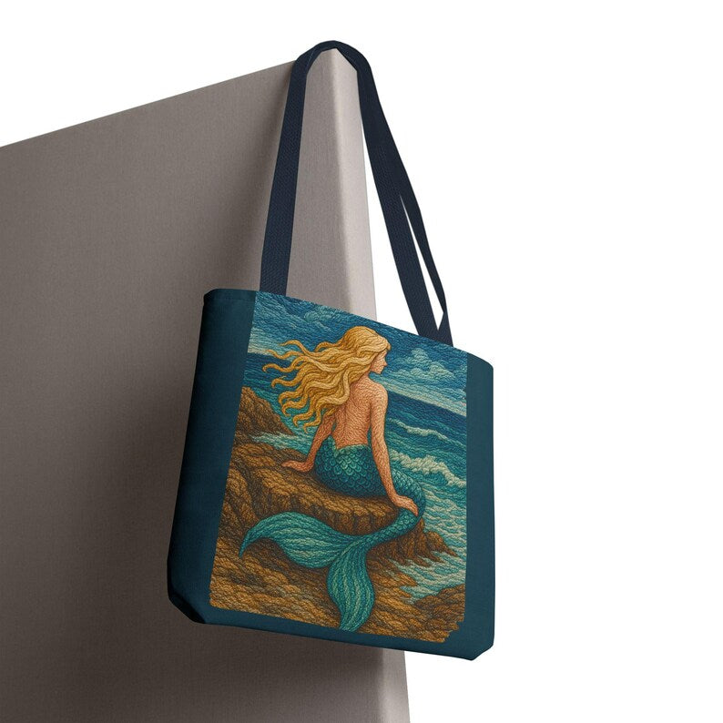 Boho Mermaid Embroidery Tote Bag, Beach Vacation Bag, Quilted Mermaid Core Print, Beach Bag for Mermaid Lovers, Vacation Gift, mermaidcore
