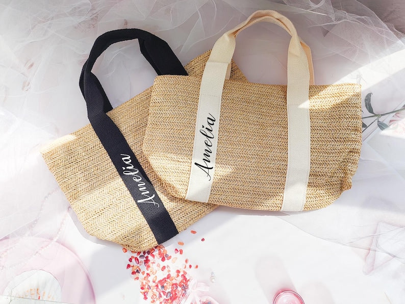 Personalized Straw Beach Bag for Bridesmaids, Custom Wedding Tote Gift