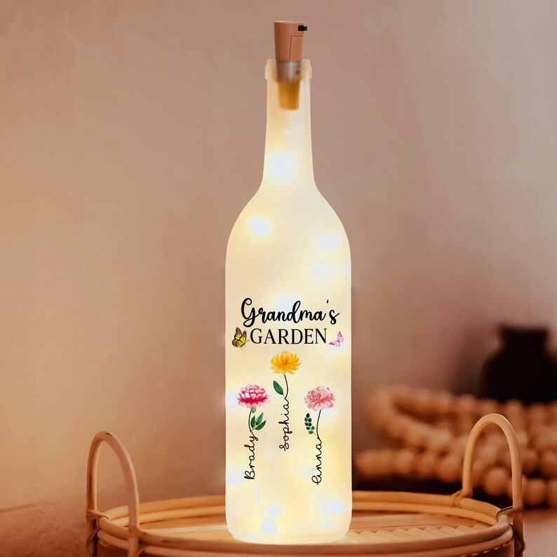 Personalized Grandma's Garden Bottle Light, Mothers Day Gifts, Grandma Birthday Gifts, Gifts For Grandma, Custom Birth Month Flowers Lamp