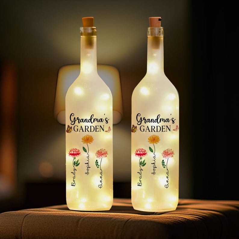 Personalized Grandma's Garden Bottle Light, Mothers Day Gifts, Grandma Birthday Gifts, Gifts For Grandma, Custom Birth Month Flowers Lamp