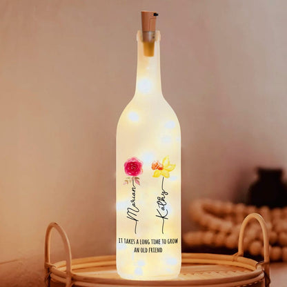 Best Friends Lighted Wine Bottle Lamp, Gift For Bestie, Sisters, Friendship, Bff Gifts, Custom Birth Month Flowers Night Light