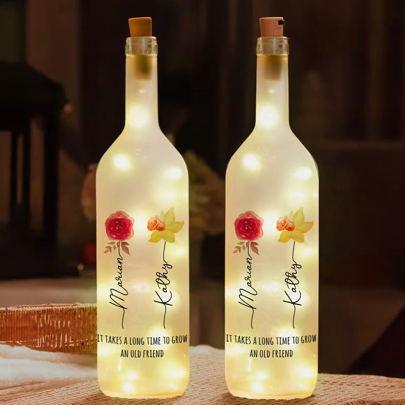 Best Friends Lighted Wine Bottle Lamp, Gift For Bestie, Sisters, Friendship, Bff Gifts, Custom Birth Month Flowers Night Light