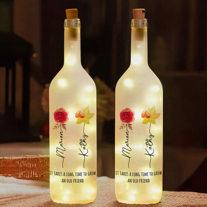 Best Friends Lighted Wine Bottle Lamp, Gift For Bestie, Sisters, Friendship, Bff Gifts, Custom Birth Month Flowers Night Light
