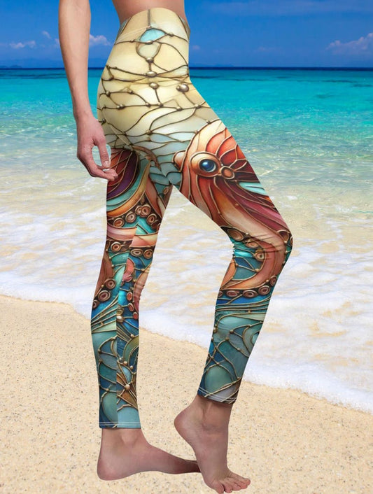 Women's Leggings, Stained Glass Octopus Design, Yoga/Running/Fishing Aesthetics, Beach Walking, Gift for Her, Biking leggings, beach legging