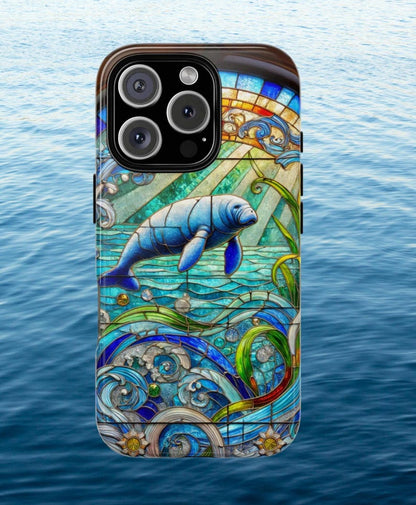 Stained Glass Manatee iPhone Cover, Ocean Lover Case, Fishing Aesthetics, Beach Lover Gift, Tough Cases for iPhone 16 Pro, boho phone case