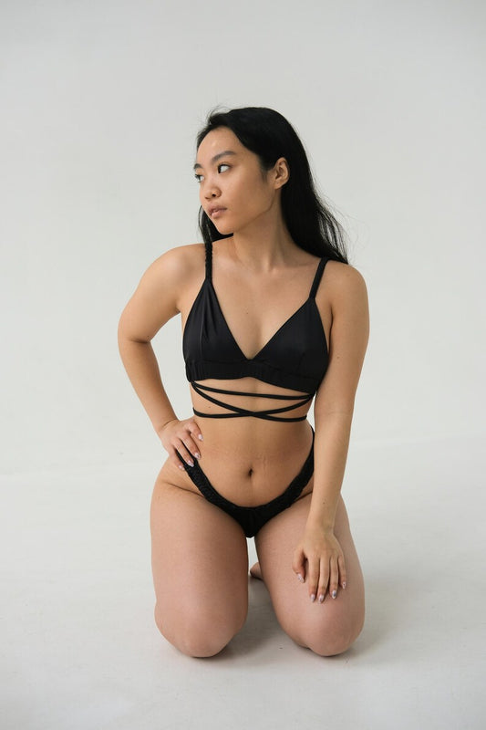 Black Silk Lingerie Set, Satin Bralette Thong, Handmade Underwear