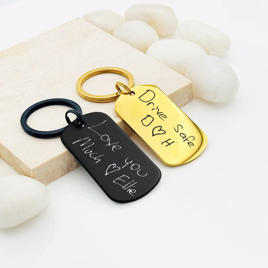 Handwriting Engraved Keychain • Stainless Steel Double Ring, Personalized Gift
