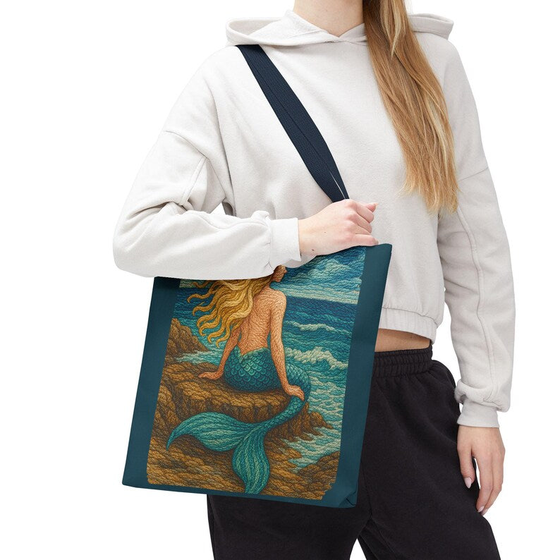 Boho Mermaid Embroidery Tote Bag, Beach Vacation Bag, Quilted Mermaid Core Print, Beach Bag for Mermaid Lovers, Vacation Gift, mermaidcore