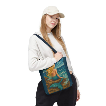 Boho Mermaid Embroidery Tote Bag, Beach Vacation Bag, Quilted Mermaid Core Print, Beach Bag for Mermaid Lovers, Vacation Gift, mermaidcore