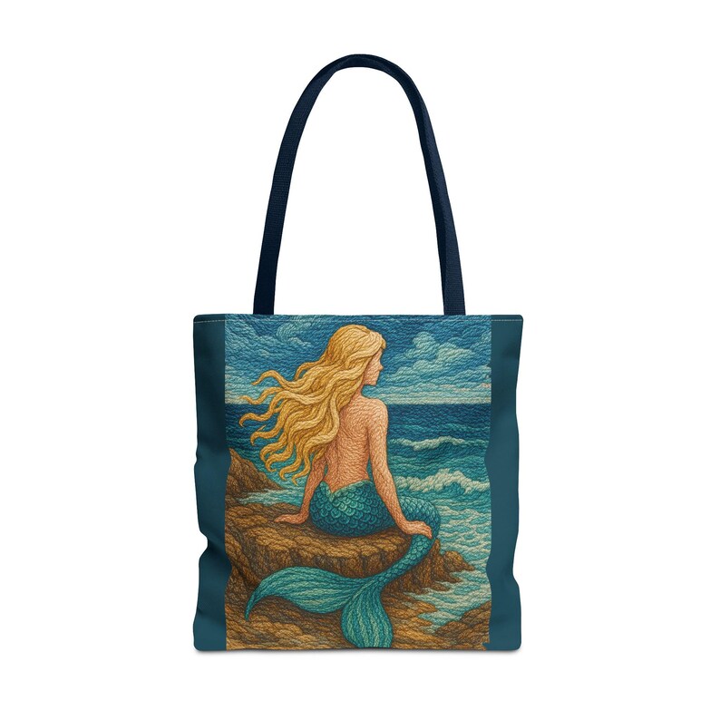 Boho Mermaid Embroidery Tote Bag, Beach Vacation Bag, Quilted Mermaid Core Print, Beach Bag for Mermaid Lovers, Vacation Gift, mermaidcore