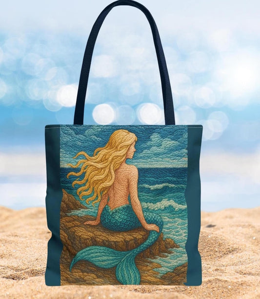 Boho Mermaid Embroidery Tote Bag, Beach Vacation Bag, Quilted Mermaid Core Print, Beach Bag for Mermaid Lovers, Vacation Gift, mermaidcore