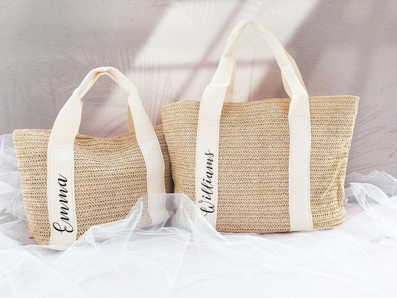 Personalized Straw Beach Bag for Bridesmaids, Custom Wedding Tote Gift