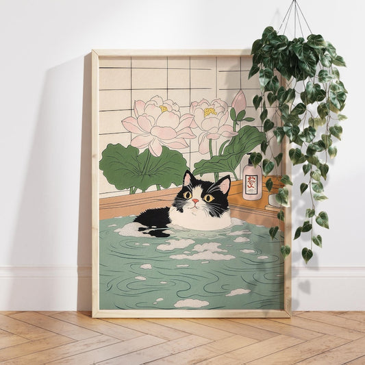 Cute Tuxedo cat in bathtub Japanese bathroom decor, Japan art print, Aesthetic wall art, Lotus Flowers poster, Unique Cat Lover Gift PS0712